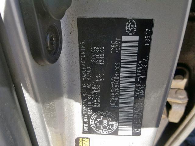 4T1BE32K94U814362 - 2004 TOYOTA CAMRY LE  photo 10