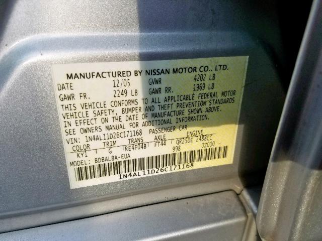 1N4AL11D26C171168 - 2006 NISSAN ALTIMA S SILVER photo 10