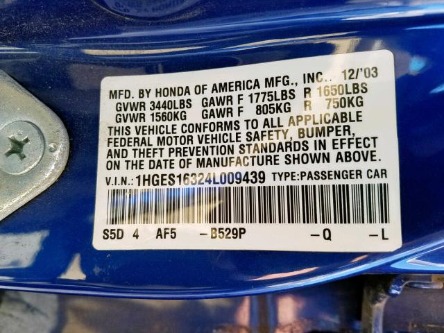 1HGES16324L009439 - 2004 HONDA CIVIC DX V BLUE photo 10