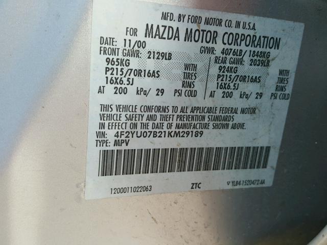 4F2YU07B21KM29189 - 2001 MAZDA TRIBUTE DX 灰色 照片 10