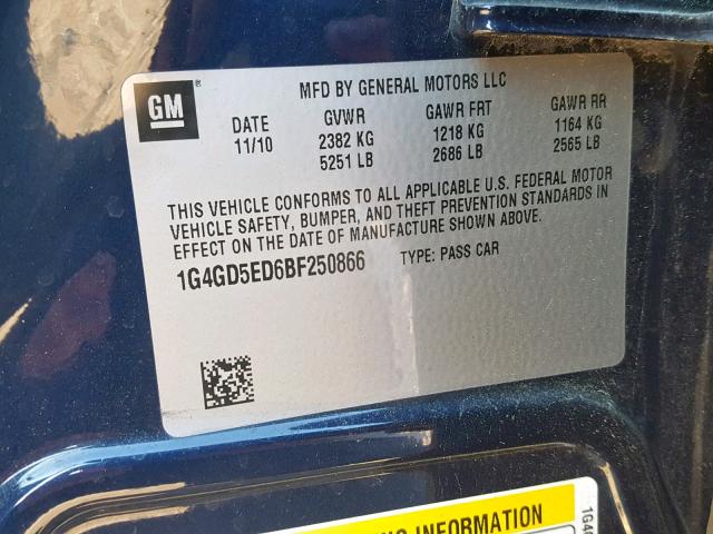 1G4GD5ED6BF250866 - 2011 BUICK LACROSSE C BLUE photo 10