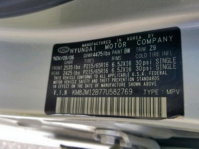 KM8JM12B77U582769 - 2007 HYUNDAI TUCSON GLS SILVER photo 10