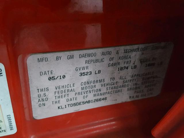 KL1TD5DE5AB126646 - 2010 CHEVROLET AVEO LS RED photo 10