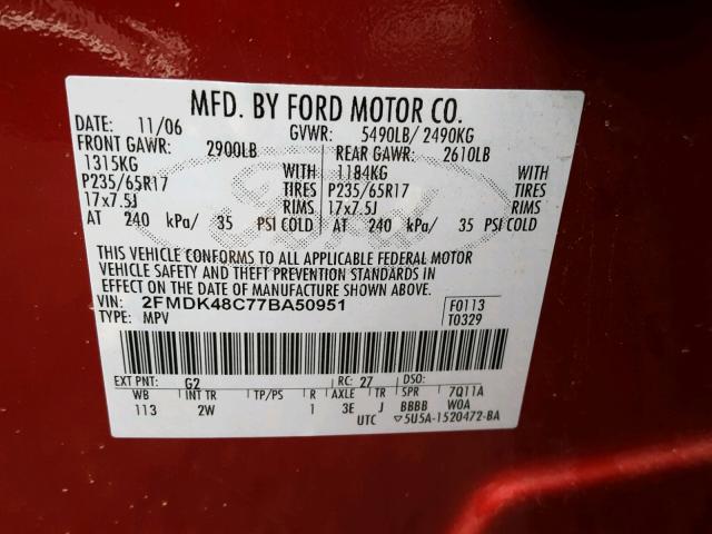 2FMDK48C77BA50951 - 2007 FORD EDGE SEL RED photo 10