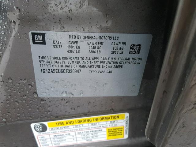 1G1ZA5EU6CF320947 - 2012 CHEVROLET MALIBU LS 棕色 照片 10