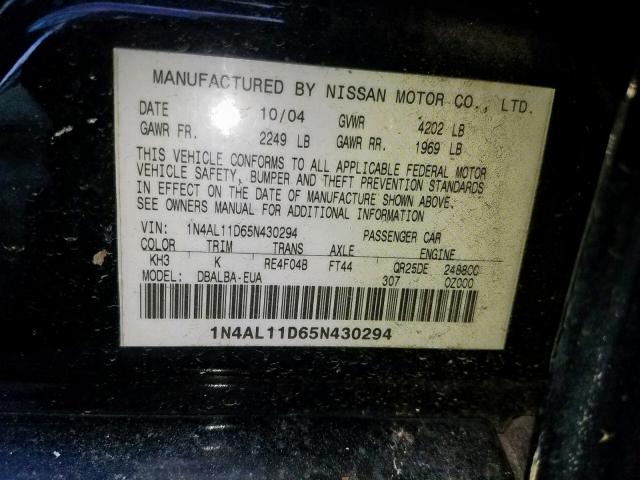 1N4AL11D65N430294 - 2005 NISSAN ALTIMA S BLACK photo 10