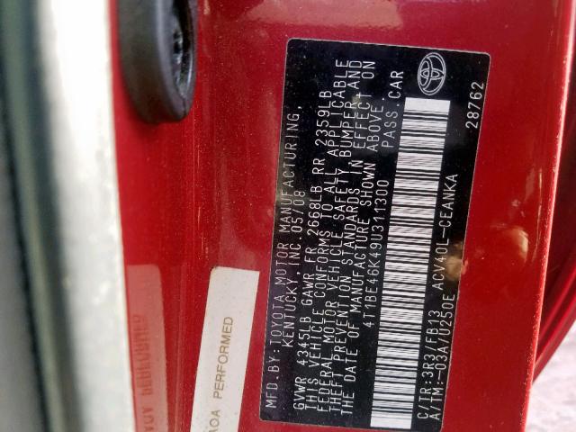 4T1BE46K49U311300 - 2009 TOYOTA CAMRY BASE RED photo 10