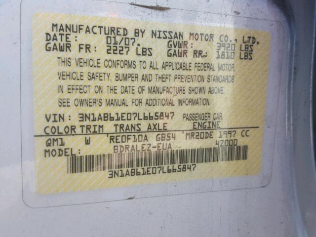 3N1AB61E07L665847 - 2007 NISSAN SENTRA 2.0 WHITE photo 10