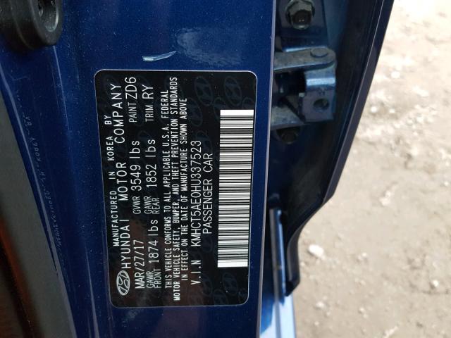 KMHCT5AE0HU337523 - 2017 HYUNDAI ACCENT SE BLUE photo 10