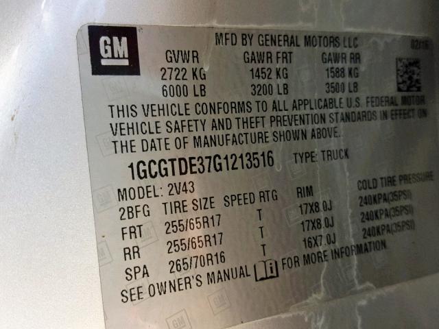 1GCGTDE37G1213516 - 2016 CHEVROLET COLORADO Z SILVER photo 10