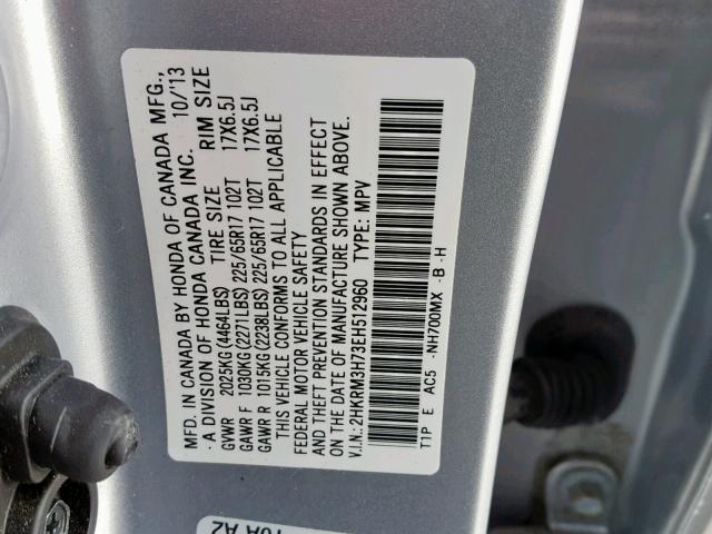 2HKRM3H73EH512960 - 2014 HONDA CR-V EXL SILVER photo 10