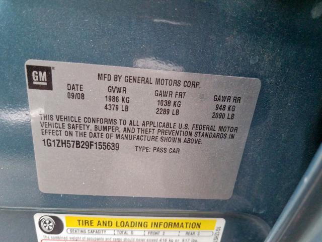 1G1ZH57B29F155639 - 2009 CHEVROLET MALIBU 1LT 青绿色 照片 10