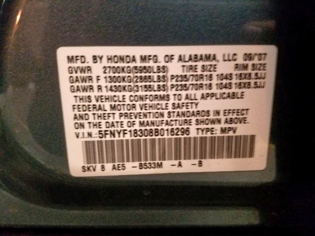 5FNYF18308B016296 - 2008 HONDA PILOT SE BLUE photo 10