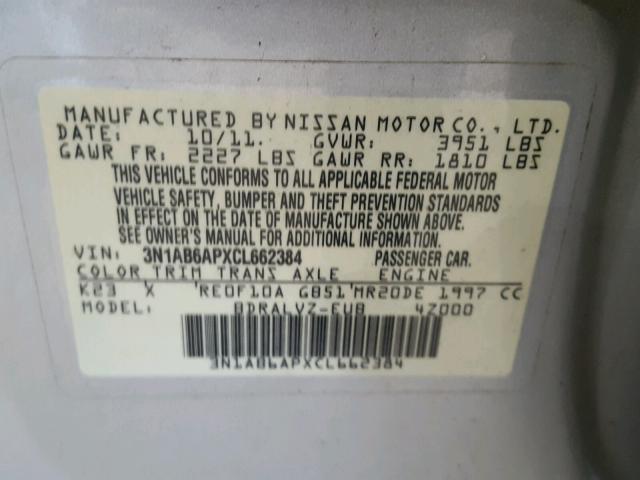 3N1AB6APXCL662384 - 2012 NISSAN SENTRA 2.0 SILVER photo 10