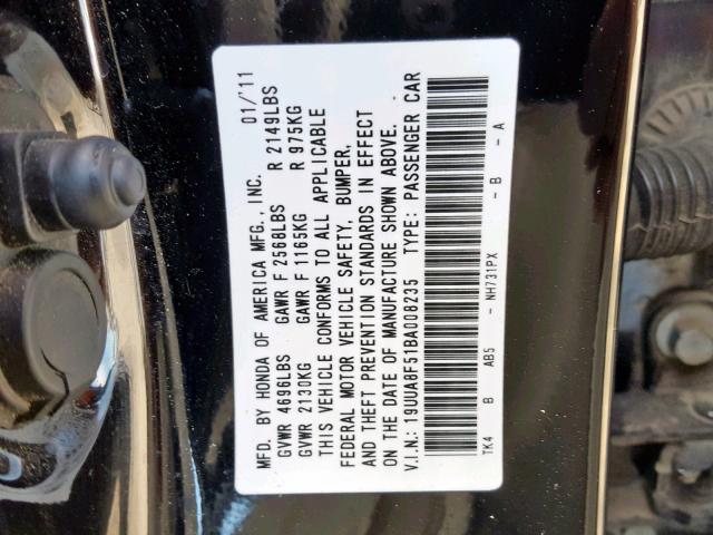 19UUA8F51BA008235 - 2011 ACURA TL BLACK photo 10