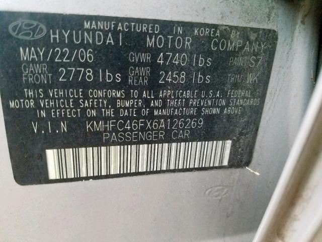 KMHFC46FX6A126269 - 2006 HYUNDAI AZERA SE SILVER photo 10