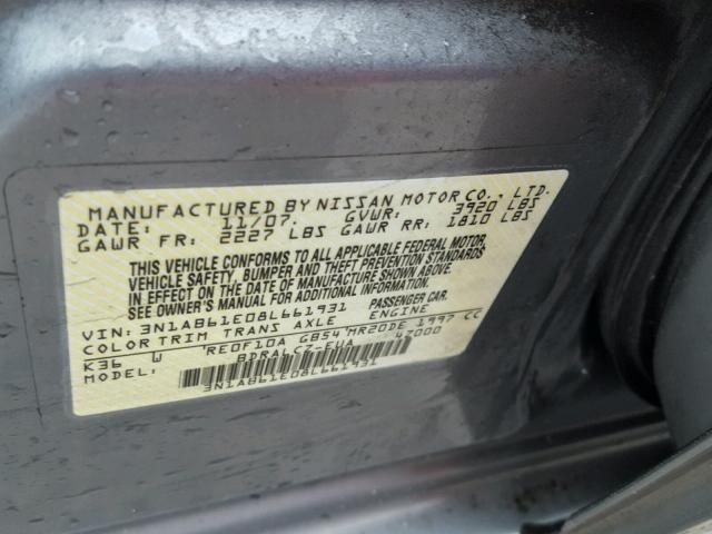 3N1AB61E08L661931 - 2008 NISSAN SENTRA 2.0 GRAY photo 10