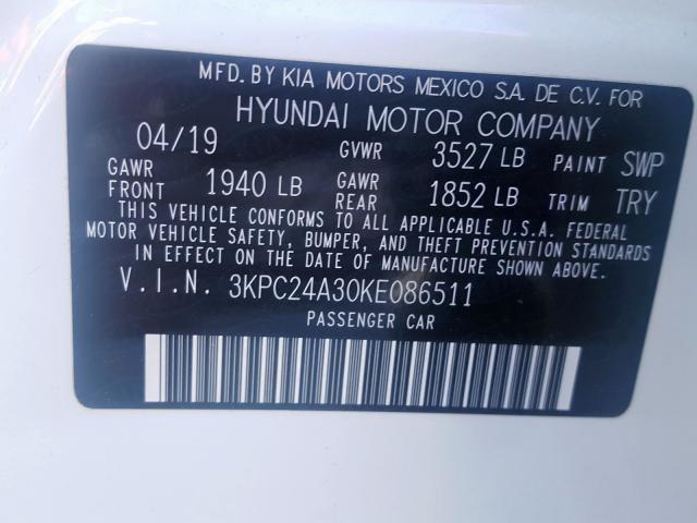 3KPC24A30KE086511 - 2019 HYUNDAI ACCENT SE WHITE photo 10