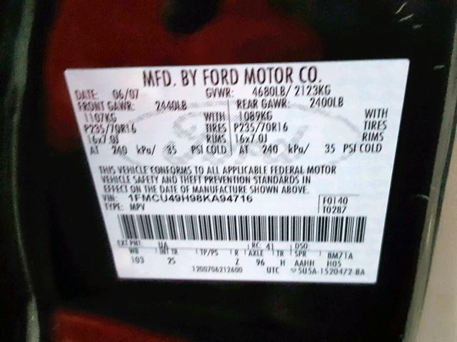 1FMCU49H98KA94716 - 2008 FORD ESCAPE HEV BLACK photo 10