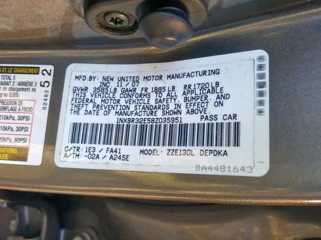 1NXBR32E58Z035951 - 2008 TOYOTA COROLLA CE GRAY photo 10