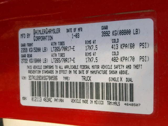3D7KU28D03G780586 - 2003 DODGE RAM 2500 S Կարմիր լուսանկար 10