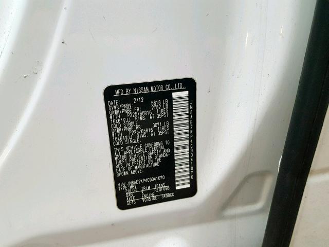 JN8AE2KP4C9041070 - 2012 NISSAN QUEST S WHITE photo 10