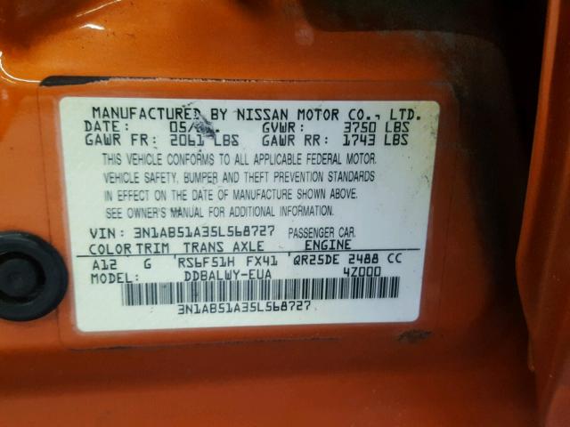 3N1AB51A35L568727 - 2005 NISSAN SENTRA SE- ORANGE photo 10