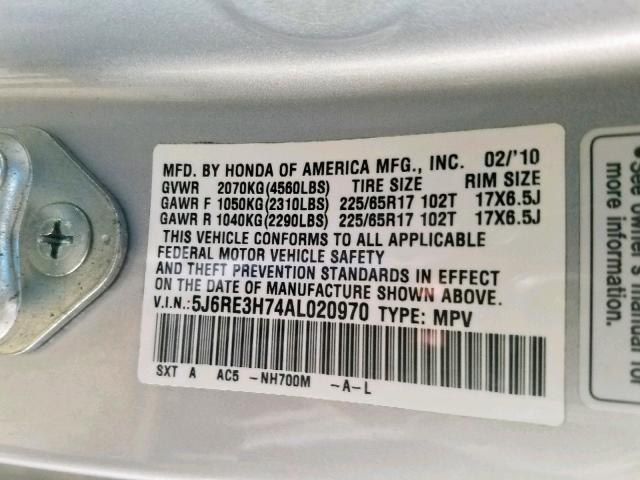 5J6RE3H74AL020970 - 2010 HONDA CR-V EXL SILVER photo 10