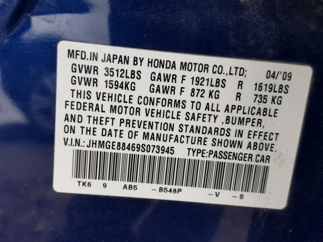 JHMGE88469S073945 - 2009 HONDA FIT SPORT BLUE photo 10