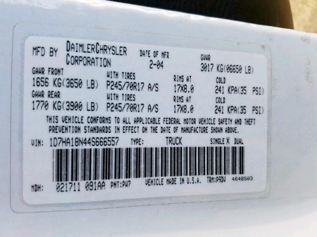 1D7HA18N44S666557 - 2004 DODGE RAM 1500 S WHITE photo 10