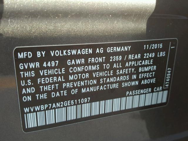 WVWBP7AN2GE511097 - 2016 VOLKSWAGEN CC BASE CHARCOAL photo 10