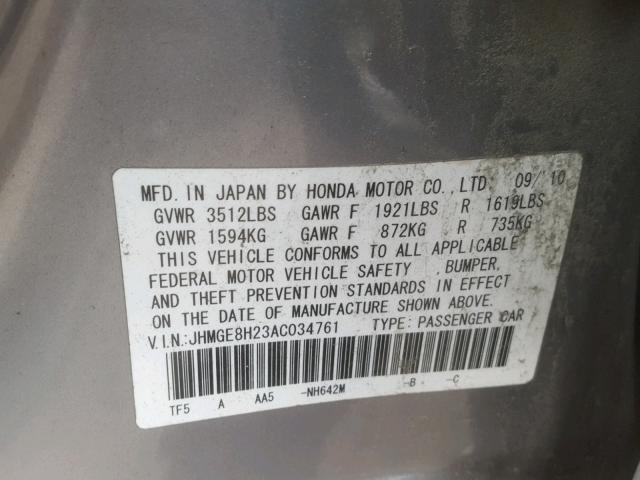 JHMGE8H23AC034761 - 2010 HONDA FIT GRAY photo 10