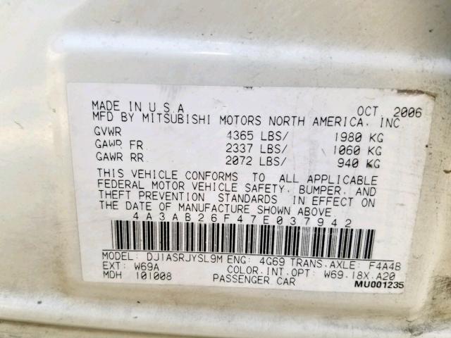 4A3AB26F47E037942 - 2007 MITSUBISHI GALANT DE WHITE photo 10