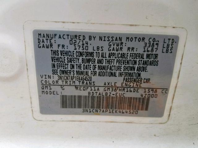 3N1CN7AP1EK464520 - 2014 NISSAN VERSA S WHITE photo 10