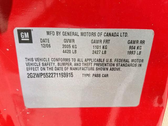 2G2WP552271193915 - 2007 PONTIAC GRAND PRIX RED photo 10