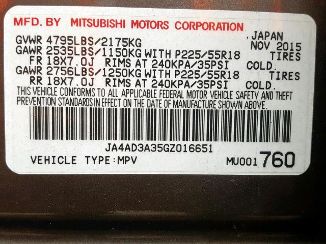 JA4AD3A35GZ016651 - 2016 MITSUBISHI OUTLANDER BROWN photo 10