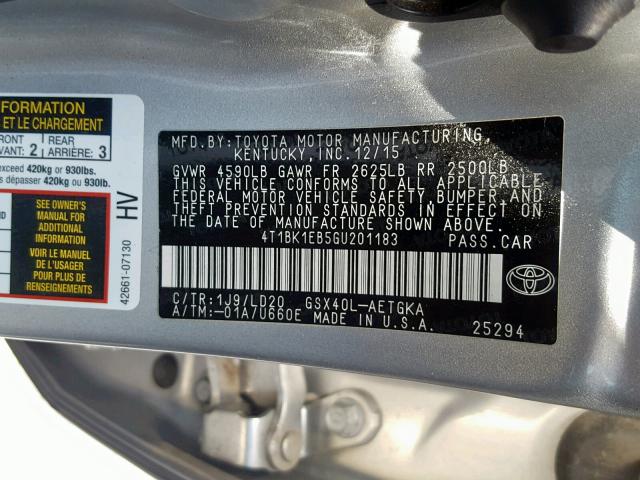 4T1BK1EB5GU201183 - 2016 TOYOTA AVALON XLE BLACK photo 10