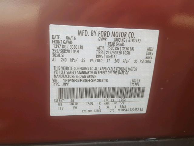 1FM5K8F85HGA06810 - 2017 FORD EXPLORER L RED photo 10