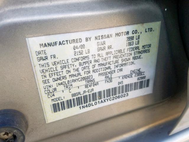 1N4DL01AXYC206023 - 2000 NISSAN ALTIMA XE GOLD photo 10