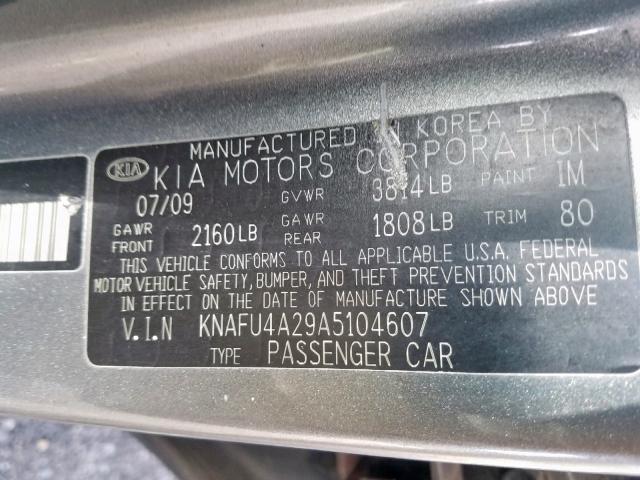 KNAFU4A29A5104607 - 2010 KIA FORTE EX GRAY photo 10