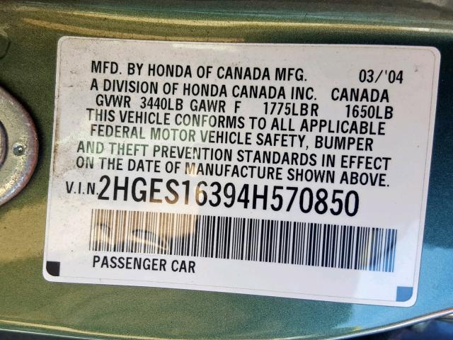 2HGES16394H570850 - 2004 HONDA CIVIC DX V GREEN photo 10