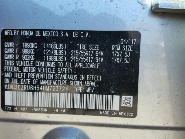 3CZRU6H54HM723724 - 2017 HONDA HR-V EX SILVER photo 10