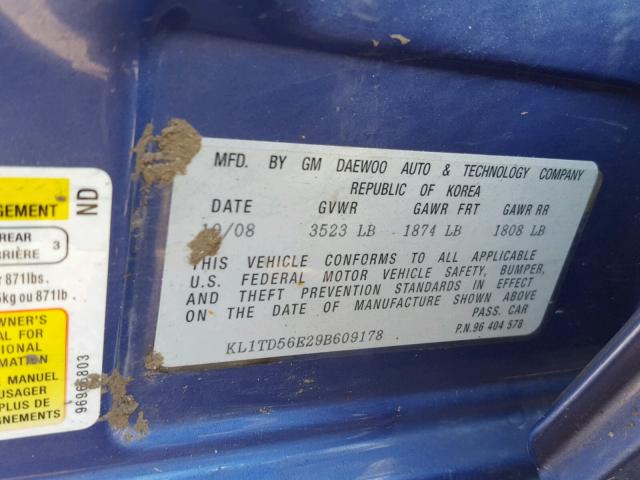 KL1TD56E29B609178 - 2009 CHEVROLET AVEO LS BLUE photo 10