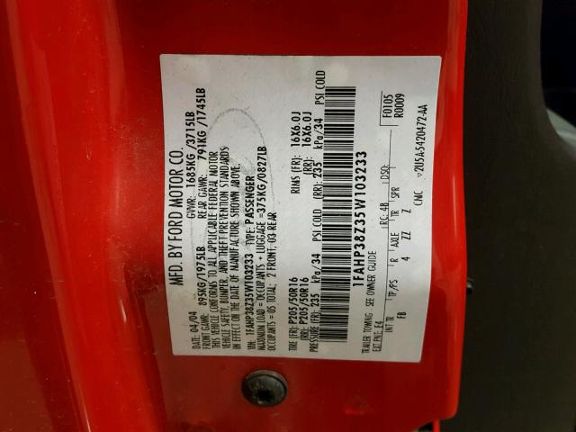1FAHP38Z35W103233 - 2005 FORD FOCUS ZX4 RED photo 10
