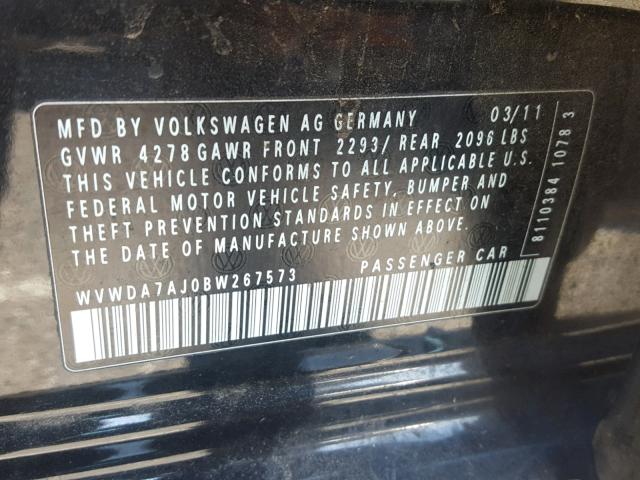 WVWDA7AJ0BW267573 - 2011 VOLKSWAGEN GOLF 黑色 照片 10