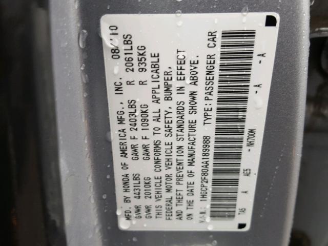 1HGCP2F80AA189988 - 2010 HONDA ACCORD EXL GRAY photo 10