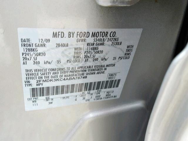 2FMDK3KC4ABA78748 - 2010 FORD EDGE LIMIT SILVER photo 10