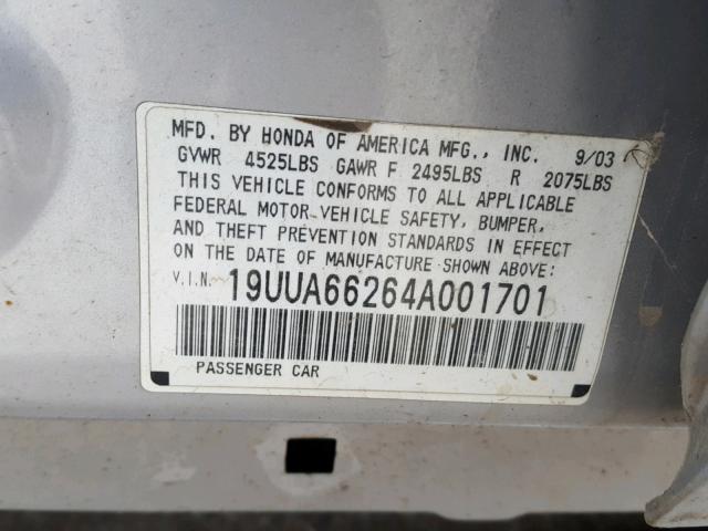 19UUA66264A001701 - 2004 ACURA TL SILVER photo 10