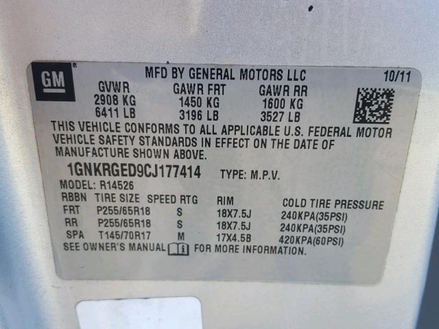 1GNKRGED9CJ177414 - 2012 CHEVROLET TRAVERSE L GRAY photo 10