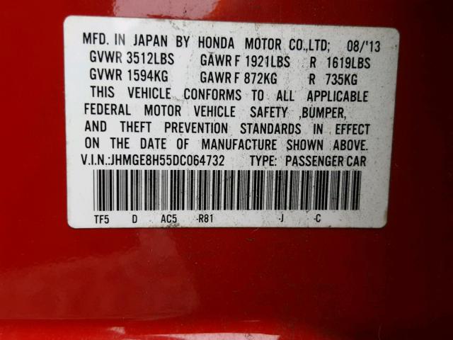 JHMGE8H55DC064732 - 2013 HONDA FIT SPORT RED photo 10